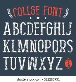 Serif Font In College Style With Shabby Texture. Medium Face. White Print On Blue Background