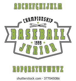 Serif font with contour. Baseball emblem. Color print on white background