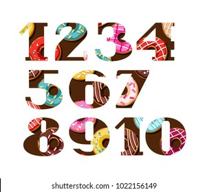 Serif font. Donuts in colored icing on a chocolate background. Vector clip art.  