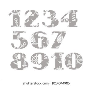 Serif font. Nautical theme. The attributes of sea travel. Hatching a white pencil on the grey background. Imitation. 