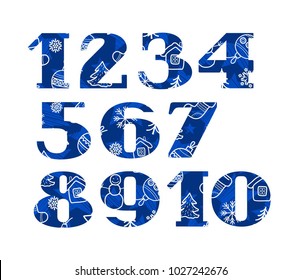 Serif font. New year and winter fun. White line drawings on a blue background. Vector clip art. 