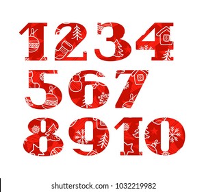 Serif font. New year and winter fun. White line drawings on a red background. Vector clip art. 