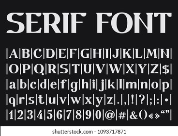 Serif font in newspaper style. Bold face. Black print on white background