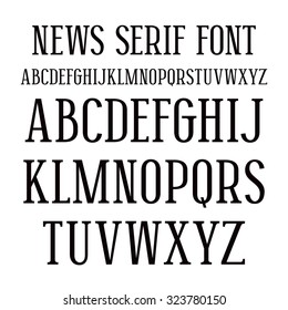 Serif font in newspaper style. Medium face. Black print on white background