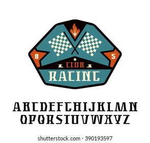 Serif font and racing patch. Graphic design for t-shirt. Color print on white background