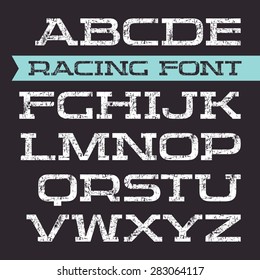Serif font in retro racing style with shabby texture. White font on black background