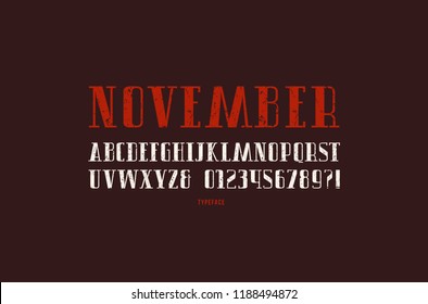 Serif font in retro style. Letters and numbers with vintage texture for logo and title design. Color print on black background