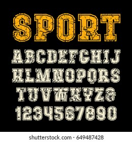 Serif font in sport style with contour. Letters with shabby texture. Print on black background