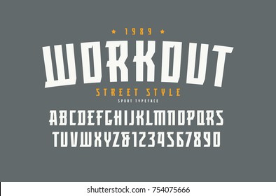 Fonte Serif no estilo esportivo. Letras e números para logotipo e design de título. Imprimir em fundo cinza