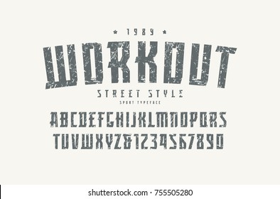 Serif font in the sport style. Letters and numbers with rough texture for logo and title design. Print on white background