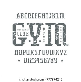 Serif font in the sport style. Letters and numbers with rough texture for logo and title design. Print on white background