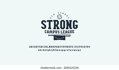 Serif font in sport style and print for t-shirt. Letters and numbers for logo and emblem design. Vector illustration