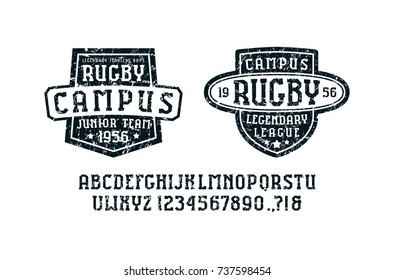 Serif font in the sport style and rugby badges for t-shirt. Letters and numbers with rough texture for logo and title design. Print on white background