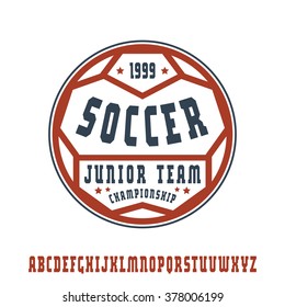 Serif font in sport style with soccer emblem. Color print on white background