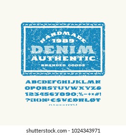 Serif font in the style of handmade graphics. Denim label for t-shirt design. Design with rough texture. Blue print on white background