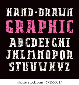 Serif font in the style of handmade graphics. Letters with rough texture. Print on black background