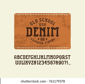 Serif font in the style of handmade graphics. Denim label for t-shirt design. Print on light background