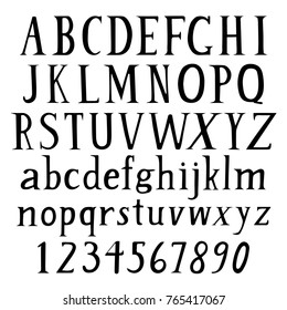 Serif hand drawn font: lower cases, upper cases and figures from 0 to 9. Black inked capital and small letters and numbers. Simple handdrawn classic alphabet.