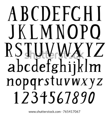 Serif hand drawn font: lower cases, upper cases and figures from 0 to 9. Black inked capital and small letters and numbers. Simple handdrawn classic alphabet.