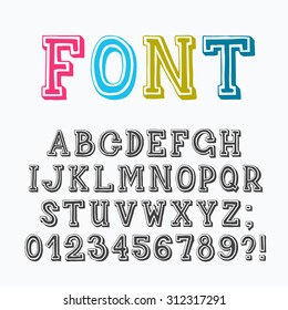 Serif latin font with numerals and punctuation marks, based on hand drawn letters. Letters are monochromatic, easily to change color. 