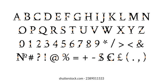 Serif roman decor alphabet set. Vector decorative typography. Decorative typeset style. Latin script for headers. Trendy letters and numbers for graphic posters, banners, invitations texts