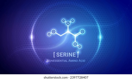 Serine, Amino Acid Chemical Structure, Organic Compound, Molecule, Chemistry, Biology, Medical, Nutrition Futuristic Hologram Neon Glow Bright Translucent Backdrop Background Illustration