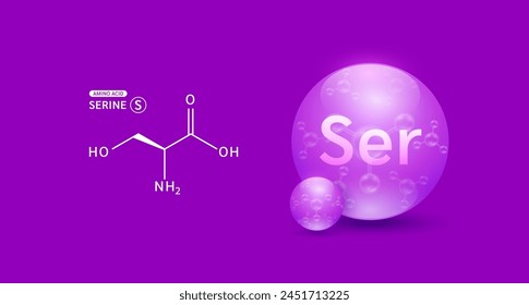 Fórmula química estructural y purol de aminoácidos de serina. Biomoléculas que se combinan para formar proteínas y nutrientes necesarios para la salud muscular. Para suplementos dietéticos añade. Científico médico. Vector.