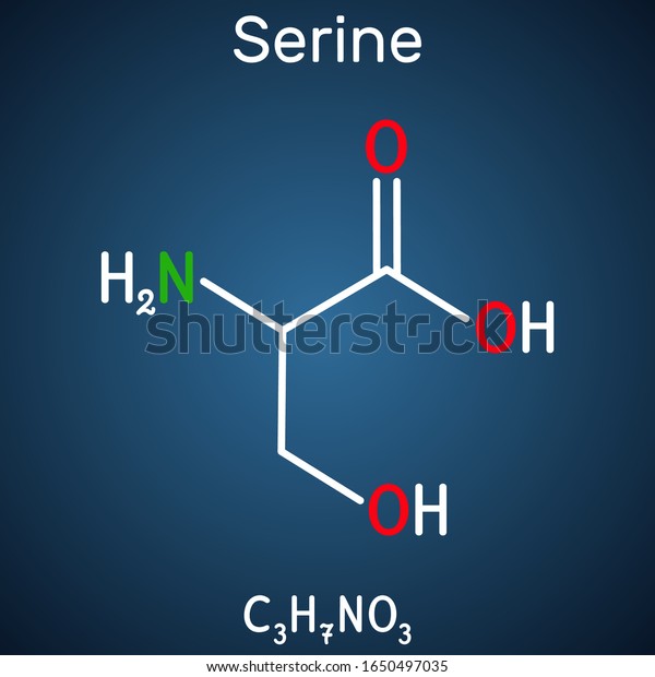 Serine, Ser amino acid molecule. It is used\
in the biosynthesis of protein. Structural chemical formula on the\
dark blue background. Vector\
illustration