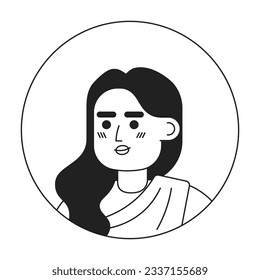 Serious adult indian woman monochrome flat linear character head. Editable cartoon avatar icon. Curly hair brunette in sari. Face emotion. Colorful spot illustration for web graphic design, animation