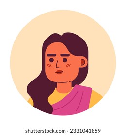 Serious adult indian woman semi flat vector character head. Editable cartoon avatar icon. Curly hair brunette in sari. Face emotion. Colorful spot illustration for web graphic design, animation