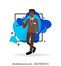 Serious African American businessman with index finger up. Young man in suit with badge having new idea. Business concept. Vector illustration can be used for topics like startup, project, work.