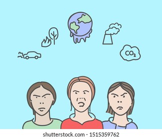 Serious  and angry young people protesting against climate change, pollution, forest fire, CO2 emissions. Pro ecology teens.
