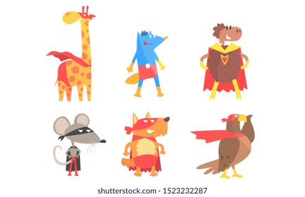 Serious animals in masks and cloaks of superheroes. Vector illustration.