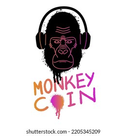 Serious Ape face with headphones  in Urban street graffiti style. Quote monkey coin. y2k style Monkey NFT. Textured illustration. Black logo isolated on white background. Vector illustration. svg