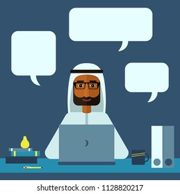 Serious arab man in glasses with the beard is working on laptop in traditional national clothing. Office manager consultant workplace. Vector flat design illustration