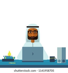 Serious arab man in glasses with the beard is working on laptop in traditional national clothing. Office manager consultant workplace. Vector flat design illustration isolated on white background