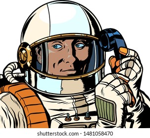 serious astronaut talking on a retro phone. isolate on white background. Pop art retro vector illustration drawing