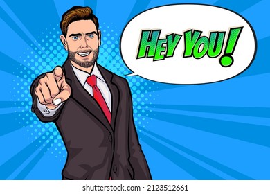 Serious Bearded businessman pointing finger say Hey you  In Retro Vintage Pop Art Comic Style