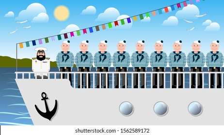 A serious bearded captain in a white dress suit and cheerful sailors in uniform lined up on board a ship against the backdrop of the coast, the sea with waves and the sky with the sun, clouds and flyi