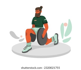 Serious bearded cartoon guy does lunges with dumbbell weights. Workout with sportive equipment. Time for sports exercises. Active and healthy lifestyle. Vector