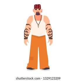 Serious bearded man with tattoos. Suspect, criminal or arrested person in prisoner uniform. Detainee in jail, prison, detention center. Flat male cartoon character. Colorful vector illustration.