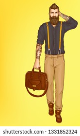 Serious bearded and tattooed hipster man, in shirt with rolled up sleeves, pants with suspenders, walking, holding leather suitcase in hand pop art vector on yellow background. Mens fashion concept