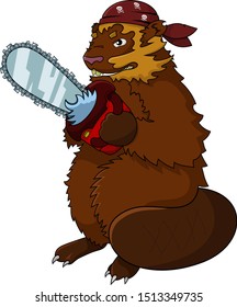 serious beaver with a chainsaw