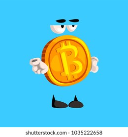 Serious bitcoin character, funny crypto currency emoticon vector Illustration on a sky blue background