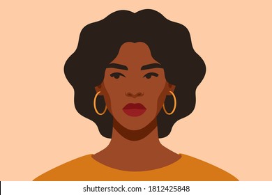 Serious Black girl is looking away in protest. Self-confident young woman with brown skin and curly hair portrait front view. African female with arrogant facial expression. Vector