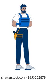 Guarda de segurança masculina preta séria em colete à prova de balas e carregando o personagem de desenho 2D de braço lateral. Vigilante afro-americano oficial do banco pessoa plana vetor isolado em branco. Ilustração especial colorida