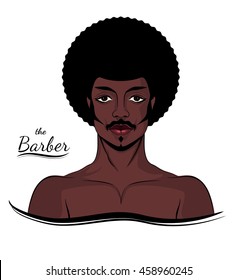 Serious black man with afro.Design Barber shop.Healthy sporty black man  with beard, mustache and sideburns. Isolated avatar of raper. 