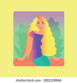 Serious blonde girl sitting in the woods. Vector, flat. Gradient volumetric forms. Background image of plants at sunset. 