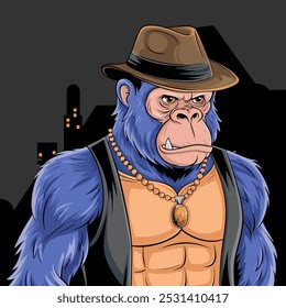 Schwere blaue Gorilla in einer Fedora und Weste, Arme gekreuzt