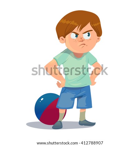 serious boy, with ball, offense, cartoon character, vector illustration